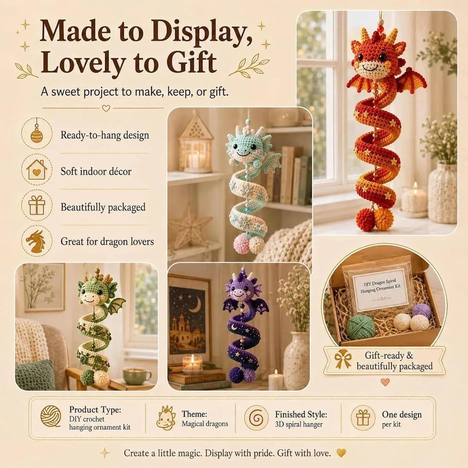 DIY Crochet Set Crochet Yarn Dragon Spiral Hanging Craft Set Beginners Handmade Pendant Crochet Kit with Spiral Dragon Design Creative Crochet Decoration for Christmas Tree Decoration Home Decoration – Bild 8