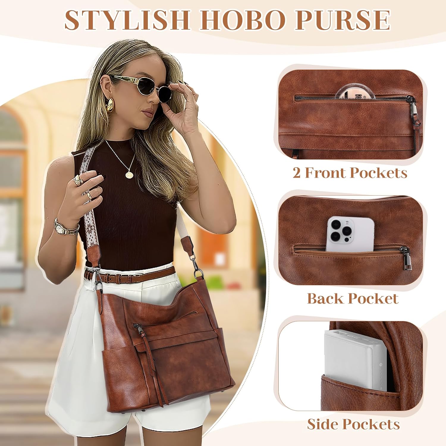 VASCHY Handtasche Damen, Vegan Leder Schultertasche Henkeltasche Groß Crossbody Hobo Bag Umhängetasche Geldbörsen Set – Bild 5