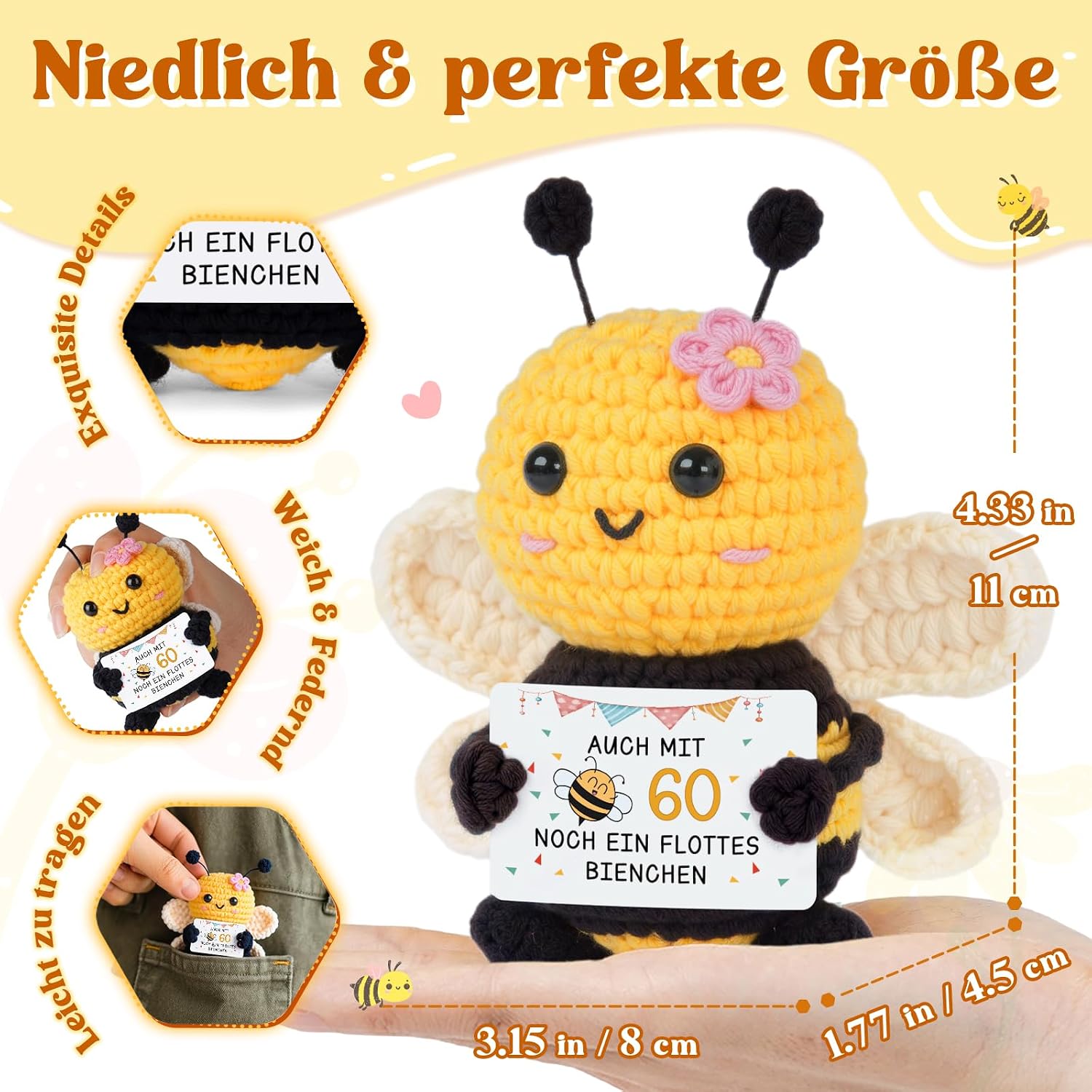 Gleevara 60th Birthday Woman - Hand Crocheted Bee Figure with Energy Card – Bild 3