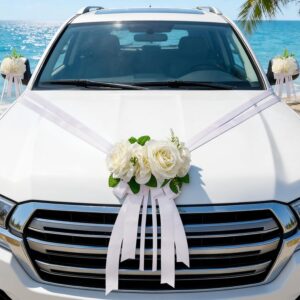 Car Decoration Wedding White Organza M Car Jewellery Bride Wedding Car Decoration Set Pair Rose Decoration Wedding Car Wedding Garland, Decorative Garland Car with 3 Roses
