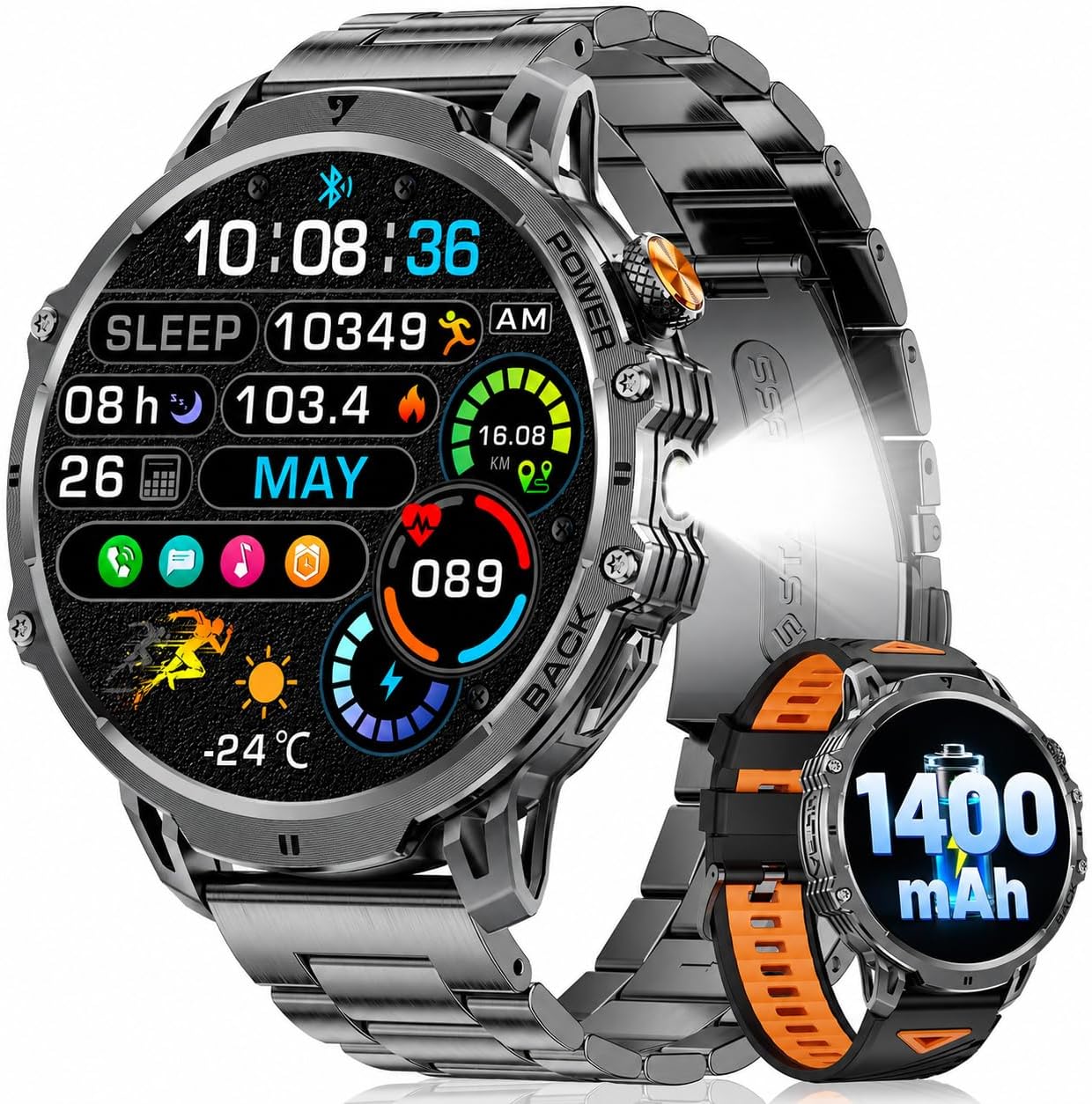 LIGE Men's Military Smartwatch - 1400 mAh / 1.85 Inch HD Large Touch Screen/Light