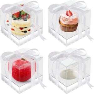 LATERN Pack of 20 Clear Cake Boxes, 9 x 9 x 11.5 cm, Transparent Gift Box with Silver Base and Ribbon for Packaging, Cakes, Macaron, Sweets, Cookies - for Wedding, Baby Shower, Party Favours