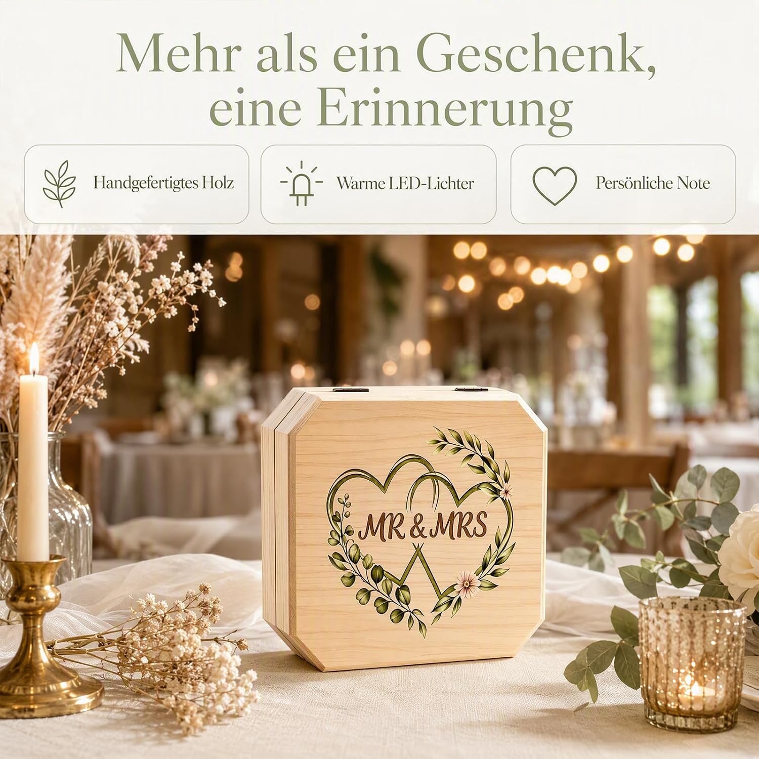 Money Gift Wedding Wooden Gift Box with LED Fairy Lights, Wedding Gifts for Bride and Groom, Wedding Card, Romantic Wedding Gift Packaging, Decorative Gift Box, Wedding – Bild 7