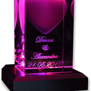 VIP-LASER 3D Heart with Desired Text Including LED Light Base Black and Engraving Personalised Gift Engraved for Men and Women Gift Idea for Christmas Valentine’s Day Anniversaries