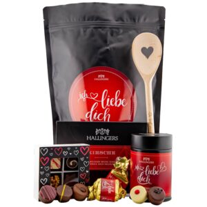 Hallingers Genuss Manufaktur Feinkost Valentine’s Day Gift Set – XXL Wonder Bag „I Love You“ Large Love Greeting Chocolates, Nougat Busserl, Chocolate Bar & Cooking Spoon, Valentine’s Day for Women