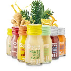 Moving in Organic Ginger Shot Small Gift Basket Gift Basket Gift Basket | Kloster Kitchen | 14 Bottles of 30 ml with Real Ginger Pieces I 6 Varieties Vegan in Glass