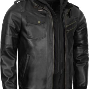Leatherick Premium Lambskin Leather Jacket for Men – Removable Fleece Hood with 7 Practical Pockets and Front Zip (Black & Brown)
