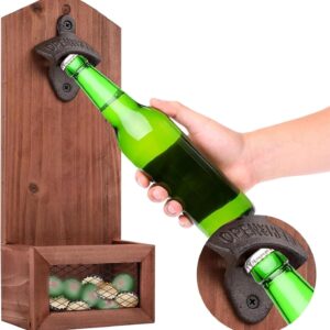 Beer Opener Wall with Bottle Caps Collector, Wall Bottle Opener with Collection Container, Vintage Bottle Opener Wall Mounted for Bar, Kitchen & Patio, Beer Gift for Men, Dad & Husband