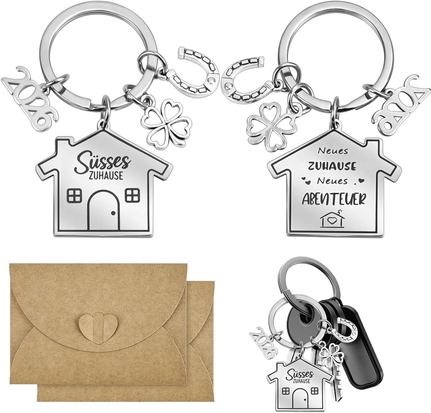 Pack of 2 Key Chains House, 2026 Key Fob Home Housewarming Gifts Home New Home Gift Home Sweet Home with Envelope and Blank Card