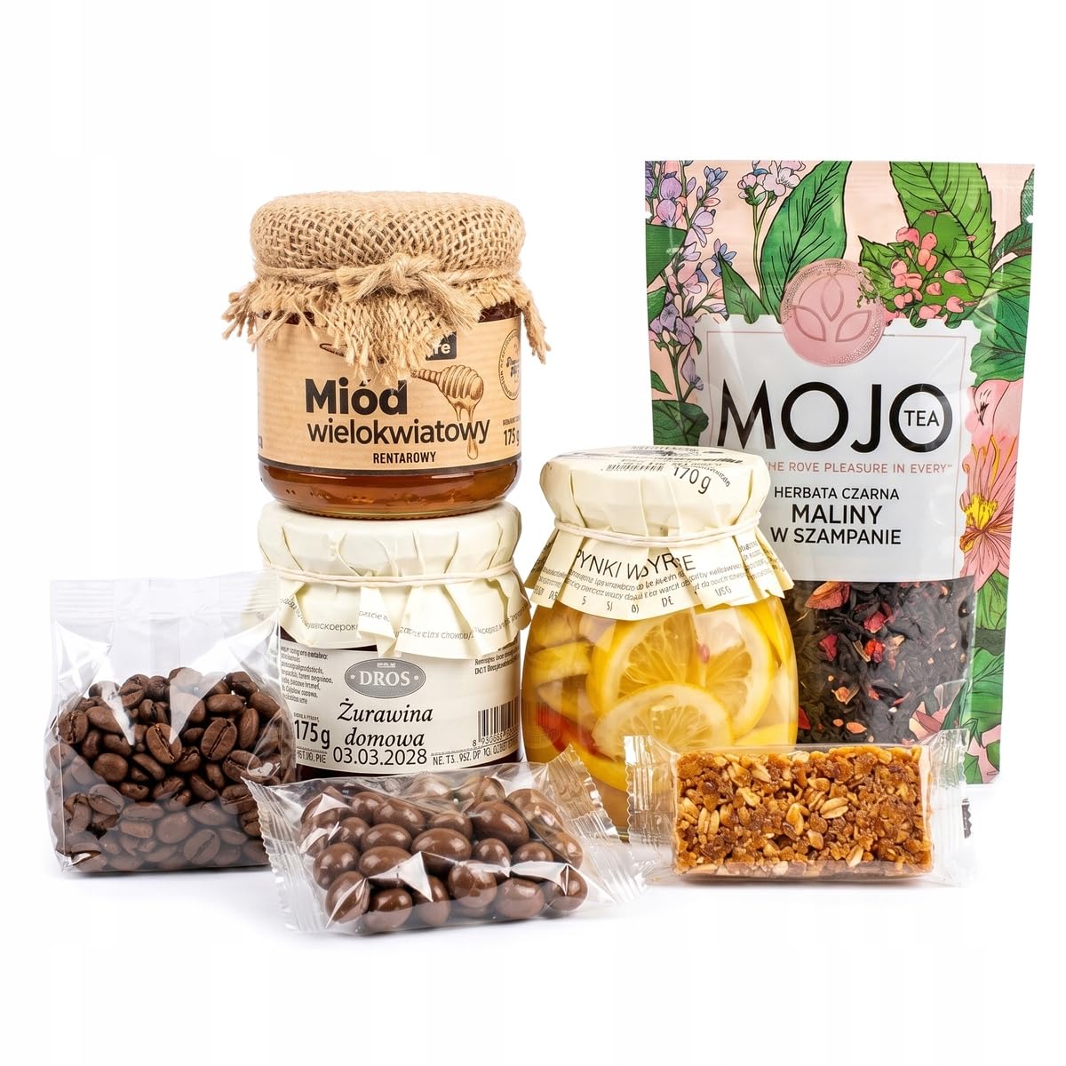 MOJO TEA Delicatessen Thank You Box Gift Basket Coffee Tea Honey Jam Gift Box with Fruit Tea, Arabica Coffee, Flower Honey, Lemons in Syrup, Cranberry Jam, Sweets - Gift Box – Bild 2