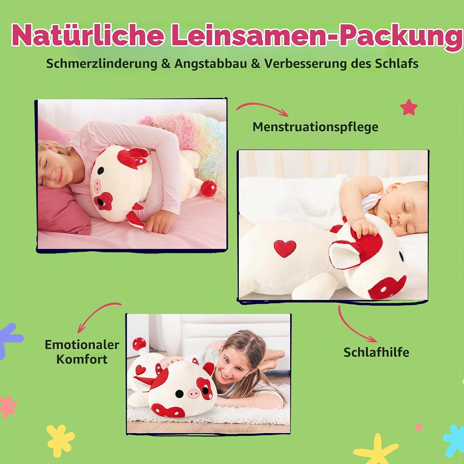 shownicer Heat Cushion Soft Toy Cow 1.7 kg Heat Cuddly Toy Cow Warming in the Microwave Warming Plush Cushion Weight Animals Plush Toy Cow Gift for Adults Children 3+ Years (Red, 50 cm) – Bild 6
