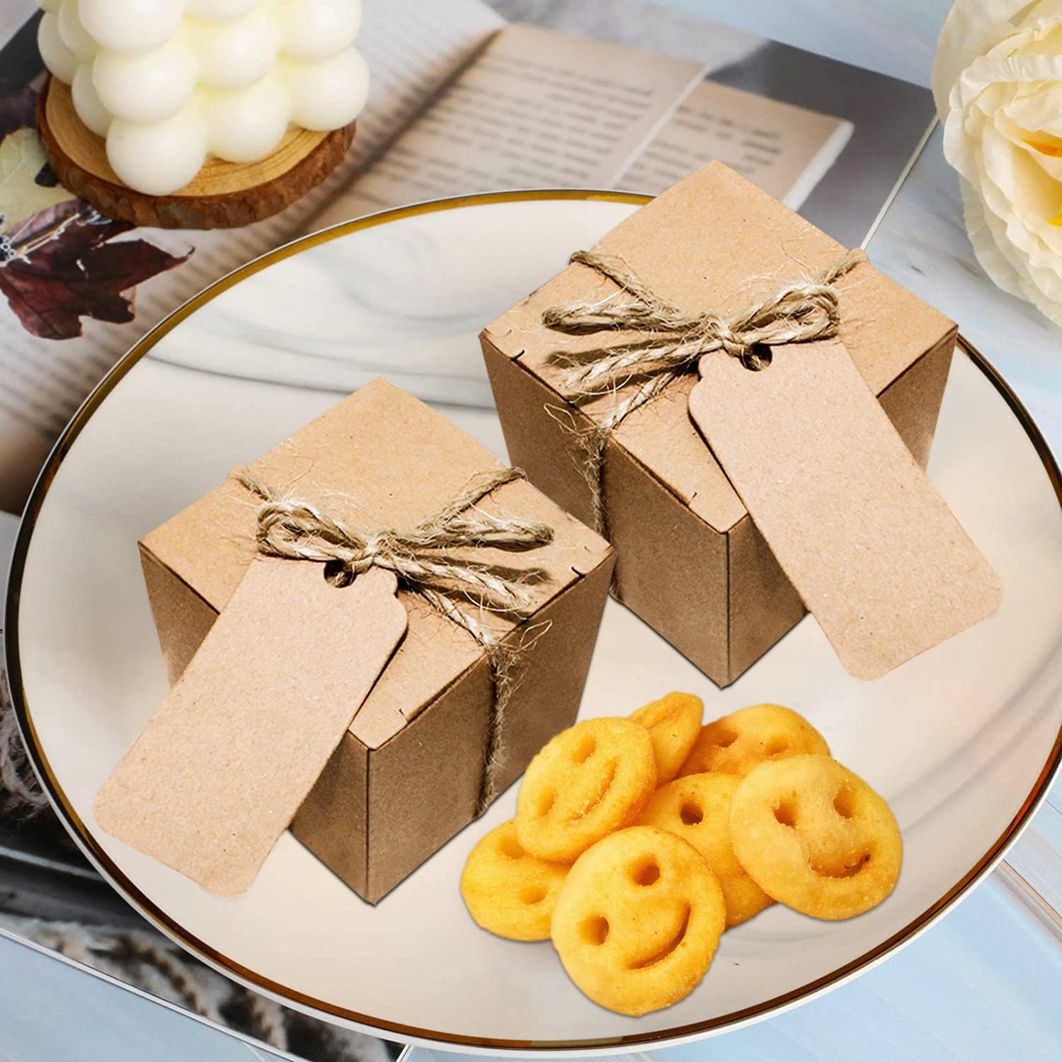 Gift Box Kraft Paper Gift Box Small 50 Gift Boxes Set Boxes with Lid & Jute Empty Packaging Boxes for Wedding Pastry Party Sweets Gifts Guest Gift Box – Bild 2