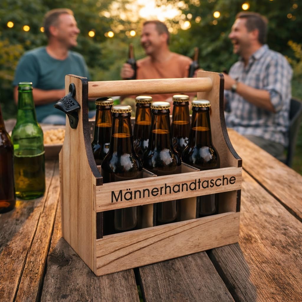 UNUS Home Men's Handbag, Beer, Wooden Bottle Carrier for 6 Bottles, Beer Carrier with Bottle Opener, Gift Idea Men, Birthday, Father's Day – Bild 3