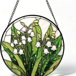 Stained Glass Sun Catcher Lily of the Valley Flower, Handmade Window Decoration Hanging Diameter 15 cm, Translucent on Both Sides, for Home, Garden, Balcony, Indoor and Outdoor Use, Decorative Gift