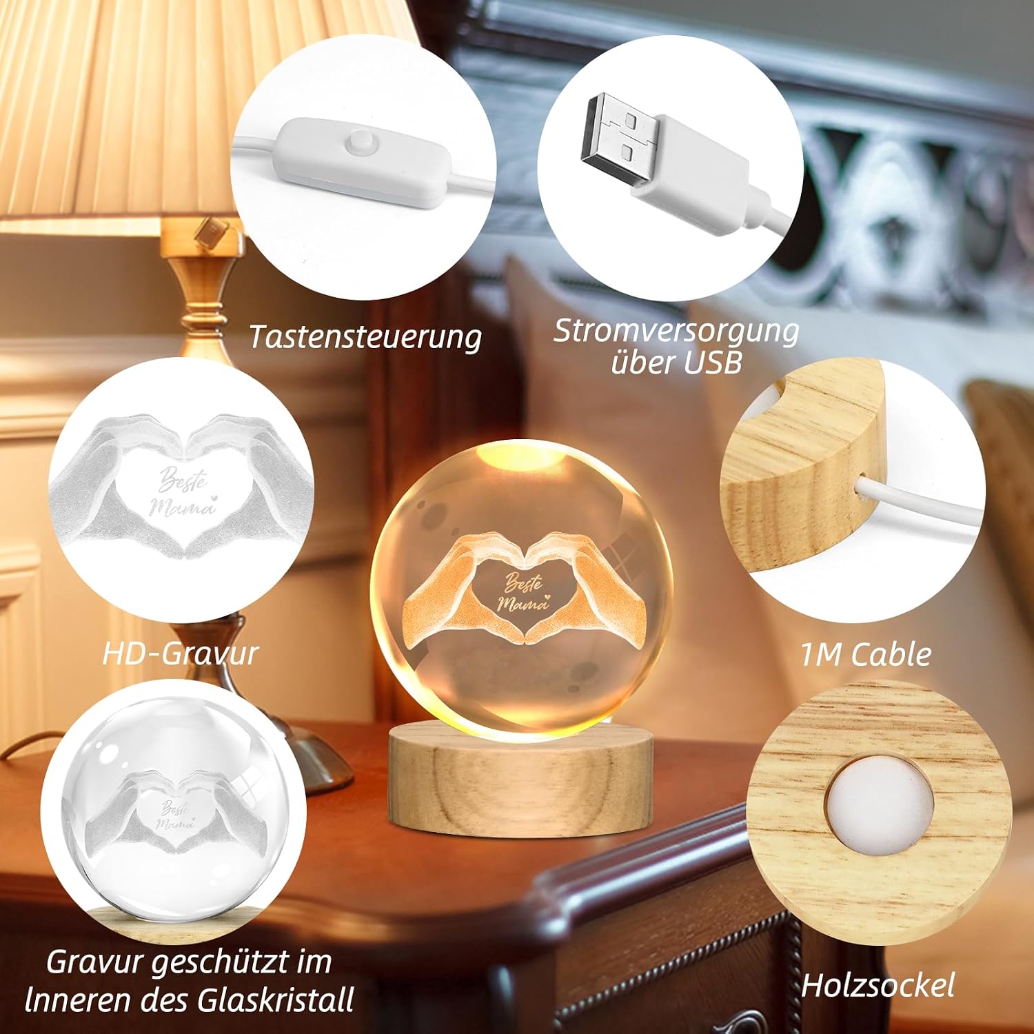TUZELIYA Mother's Day Gift for Mum - 3D Glass Crystal with Wooden Base Engraving Heart Made of Two Hands and Text Beste Mama - Birthday Gift for Women Mother's Day Gifts – Bild 3