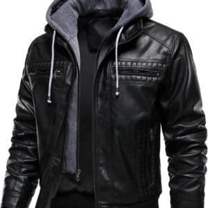 HOOD CREW Men’s Faux Leather Jacket with Hood Casual Motorcycle Bomber Jacket Windproof Leather Jacket