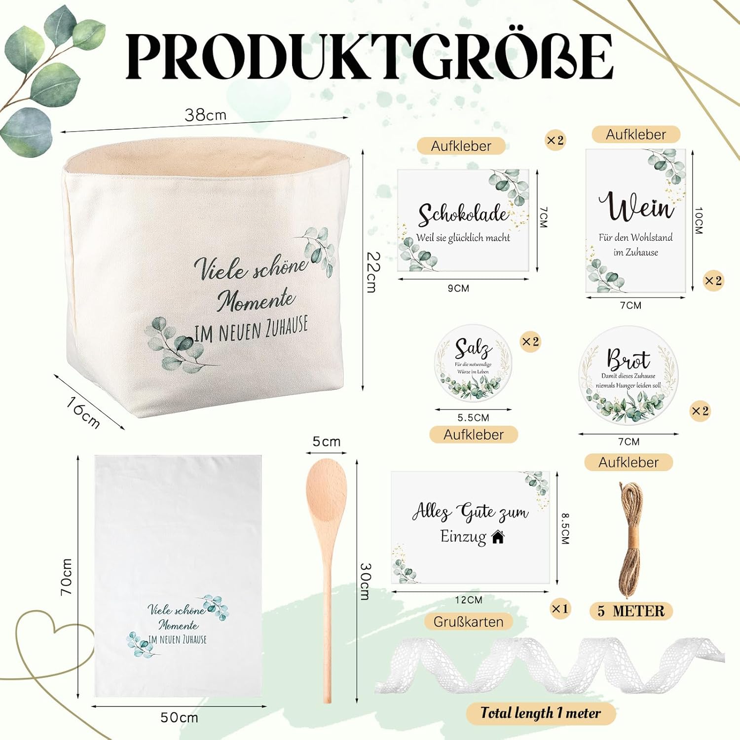 Sinmoe Housewarming Gift House Bread Basket Bread Salt Wine Sticker Tea Towel Cooking Spoon Housewarming Gift for Home Topping Party (Eucalyptus, Many Beautiful Moments in the New Home) – Bild 2