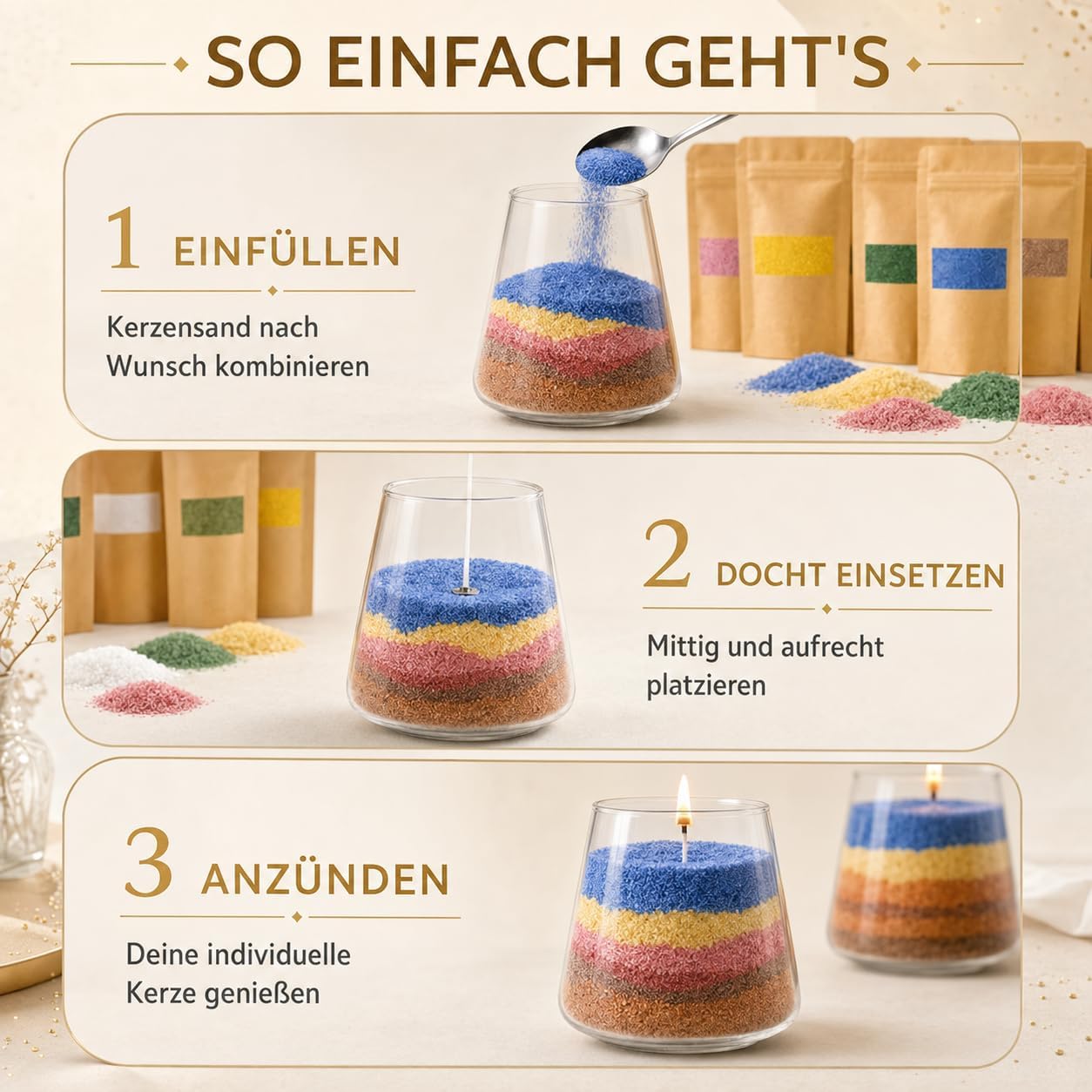 ZaejjaeY Candle Sand with Wick Set in 10 Colours with 2 Candle Jars, 10 Candle Wicks and Spoons, 500g Wax Granules for Candles, DIY Candles, Creative DIY Kit for Adults – Bild 3