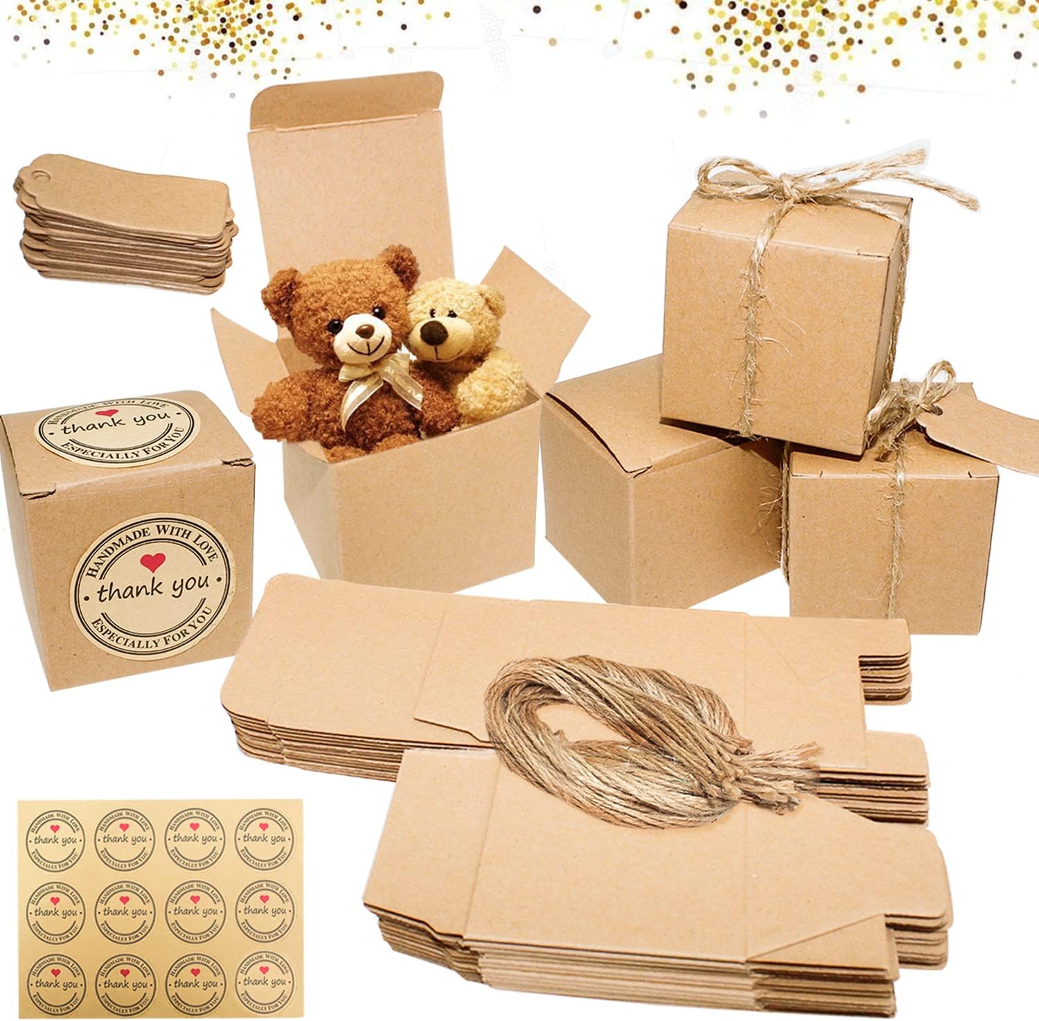 Gift Box Kraft Paper Gift Box Small 50 Gift Boxes Set Boxes with Lid & Jute Empty Packaging Boxes for Wedding Pastry Party Sweets Gifts Guest Gift Box