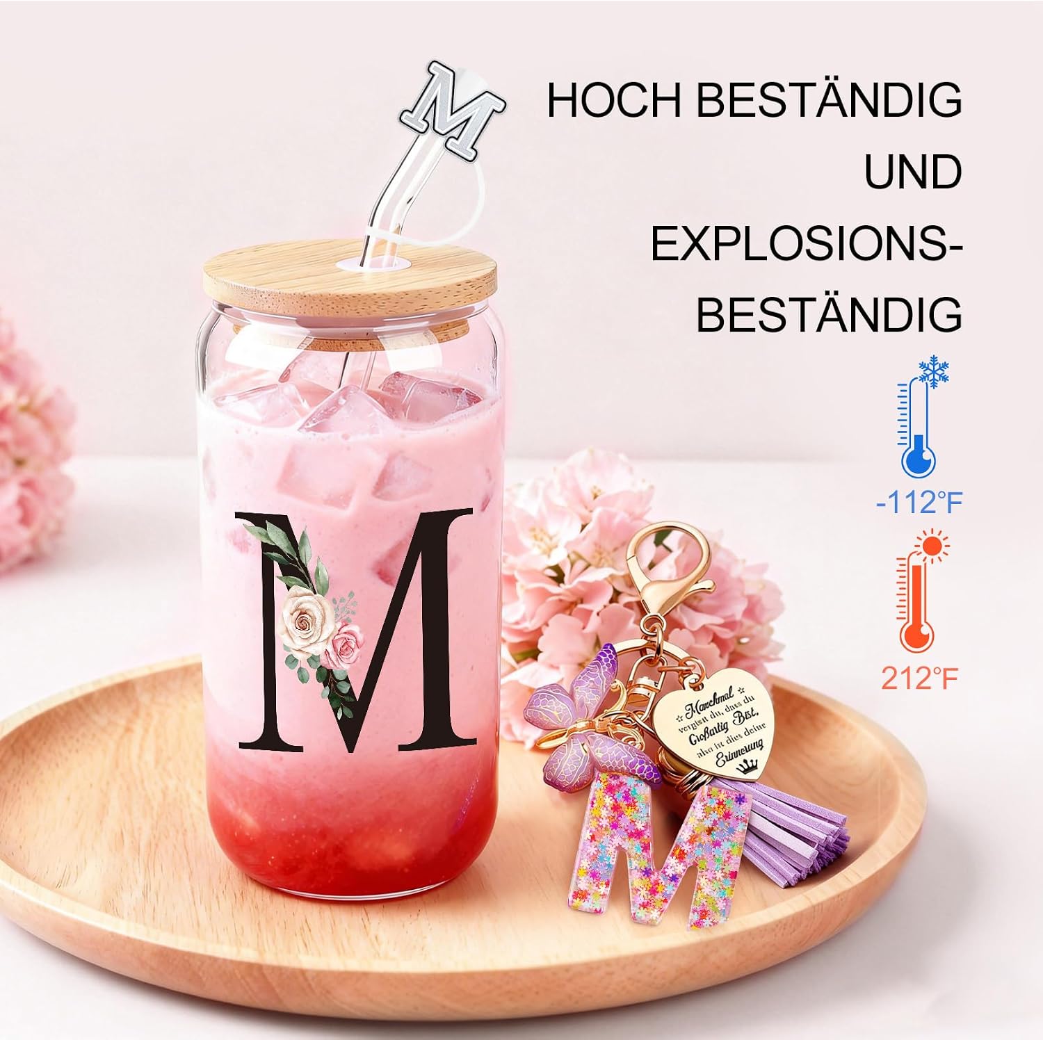 TUZELIYA M Personalised Gifts with Letters - Glass Mug with Lid & Straw + Keyring Letter, Gift for Women & Girls, Birthday, Valentine's Day – Bild 4