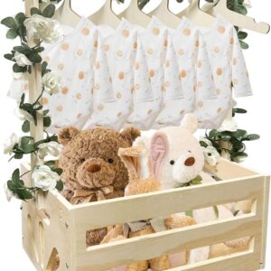 Wooden Baby Gift Basket with Handle, Children’s Hanger and Garland, Wooden Baby Shower Cabinet, Baby Storage Basket, Personalised Baby Basket for Pregnant Women, New Parents (Wood Colour)