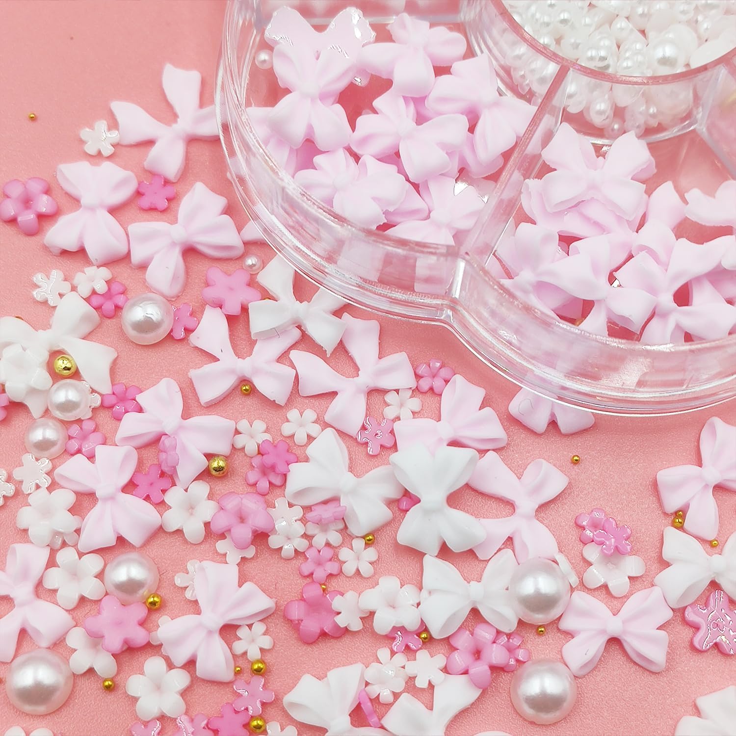 Nail Charms, Flower Nail Charms, 3D Pink Bow Nail Art Decoration, 3D Acrylic Flowers Nail Gems with White Half Pearls for Women Acrylic Nail – Bild 4