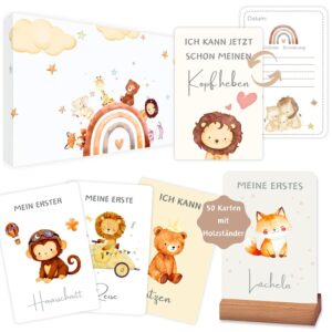 Milestone Cards Baby, 50 Boho Milestone Cards with Wooden Card Stand, Creative Gift for Expecting Mothers and Baby for Boys and Girls, Gift for Birth, Christening or Baby Shower