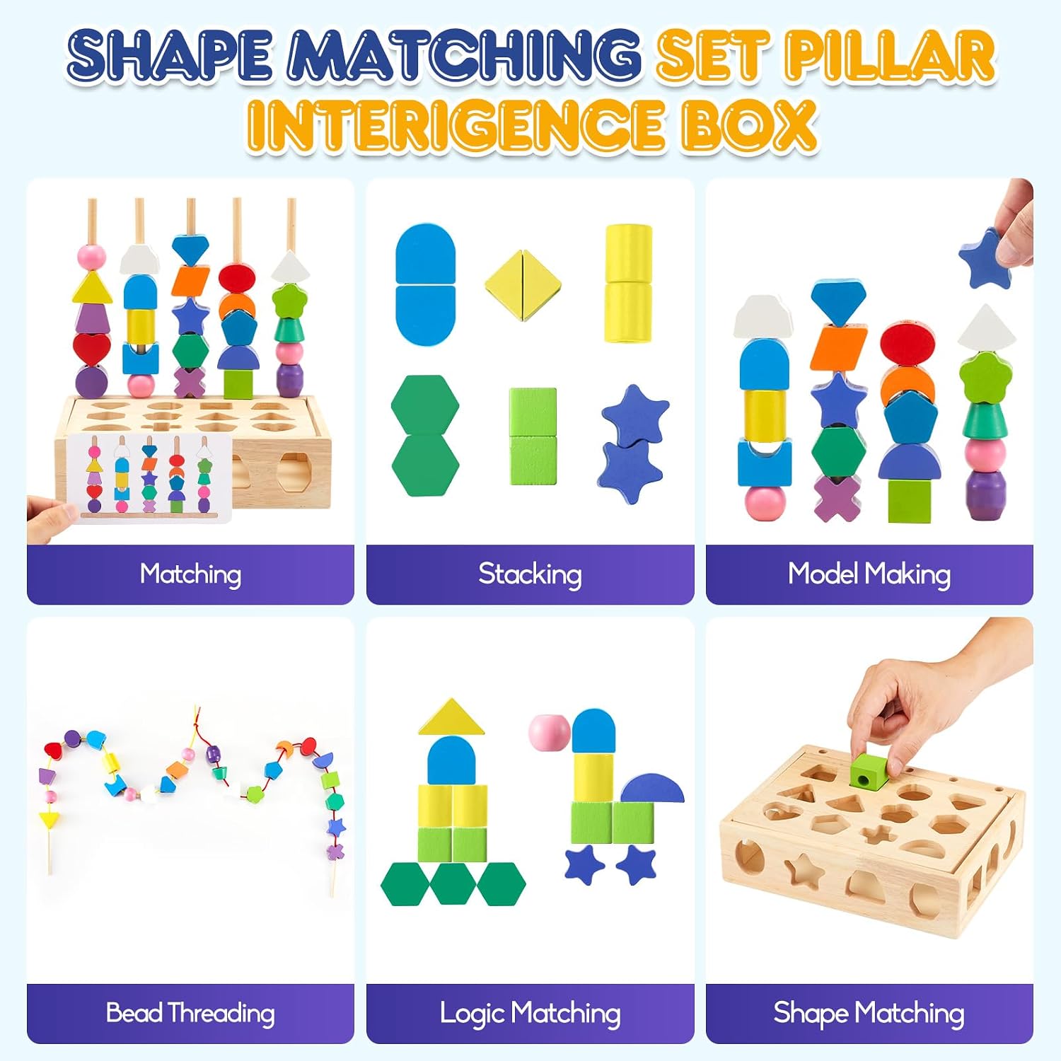 Montessori Toy from 3 4 5 Years Motor Skills Toy Threading Game Building Blocks Sorting Game for Children, Wooden Stacking Game Fine Motor Skills Educational Games Gift for Baby Boy Girl – Bild 3