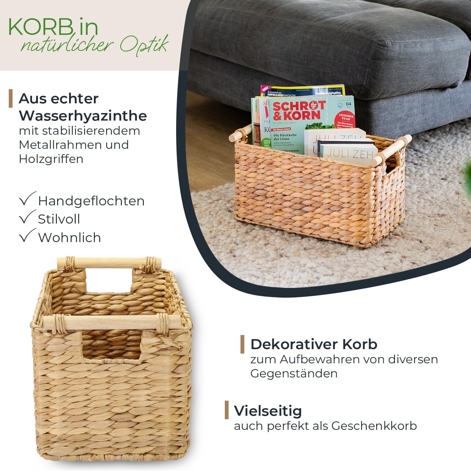 HMF Water Hyacinth Woven Storage Basket with Wooden Handles for Bathroom, Kitchen and Living Area, 37 x 22 x 20 cm, Natural – Bild 2
