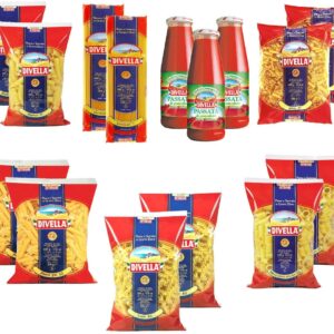 DIVELLA Family Box Kit 12 Packs of Pasta of 500 g (Fusilli, Rigatoni, Penne Ziti, Vermicelli, Mista, Paternosti Rigati) + 3 Bottles of Tomato Souce of 640 g …