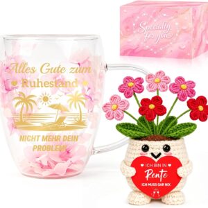 Retirement Gift Women, Glass Mug and Hand Crocheted Flower