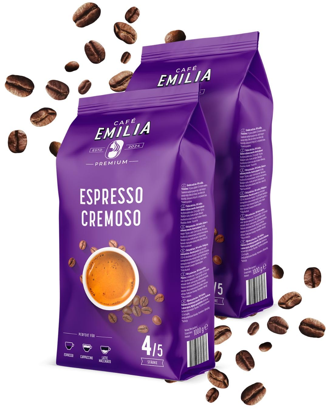 EMILIA Espresso Cremoso Beans 2 x 1 kg - Premium Espresso Beans - Dark Roast (Thickness 4/5) - Matched to Fully Automatic Coffee Machine & Portafilter - Ideal for Espresso, Cappuccino & Latte