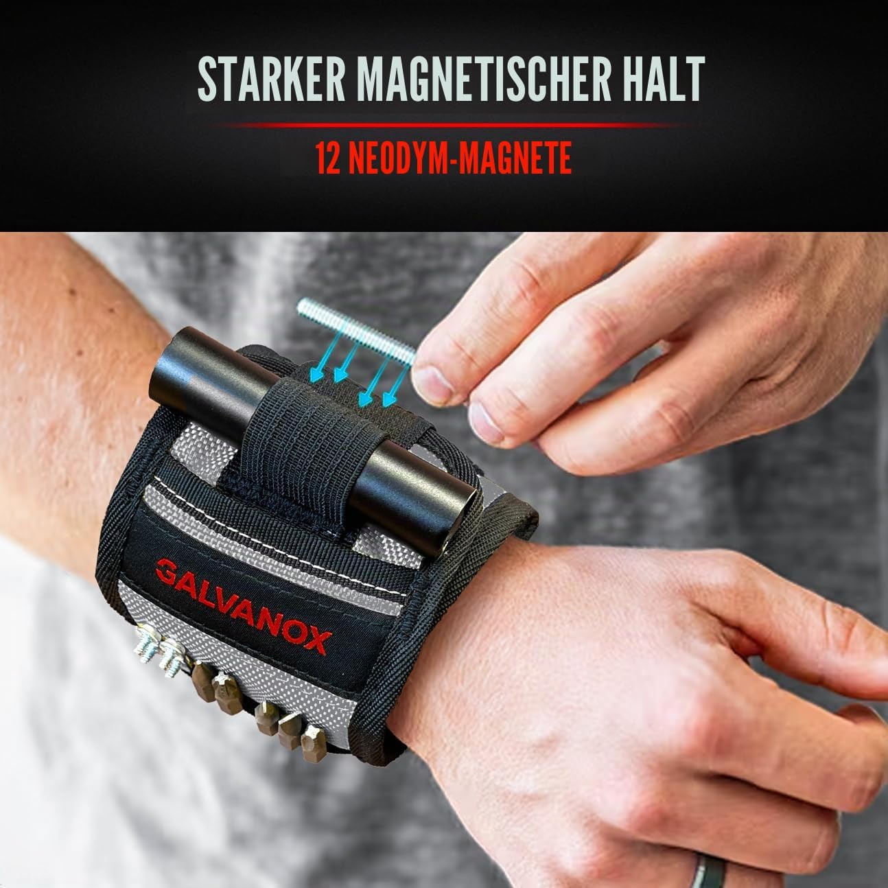 Galvanox - Magnetic Wristband with Hands Free Work Light (3 Modes) for Holding Screws, Nails and Drills, Durable Nylon with Powerful Magnets Tool Gift for Men – Bild 6