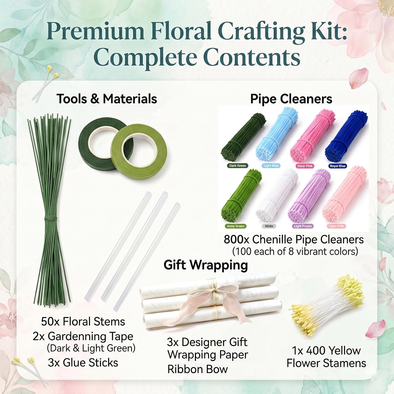 Pipe Cleaner Flower Set, 800 Pieces DIY Flower Craft Set, 8 Colours Pipe Cleaners with Flower Wire & Accessories, Creative Bouquets Crafts – Bild 7