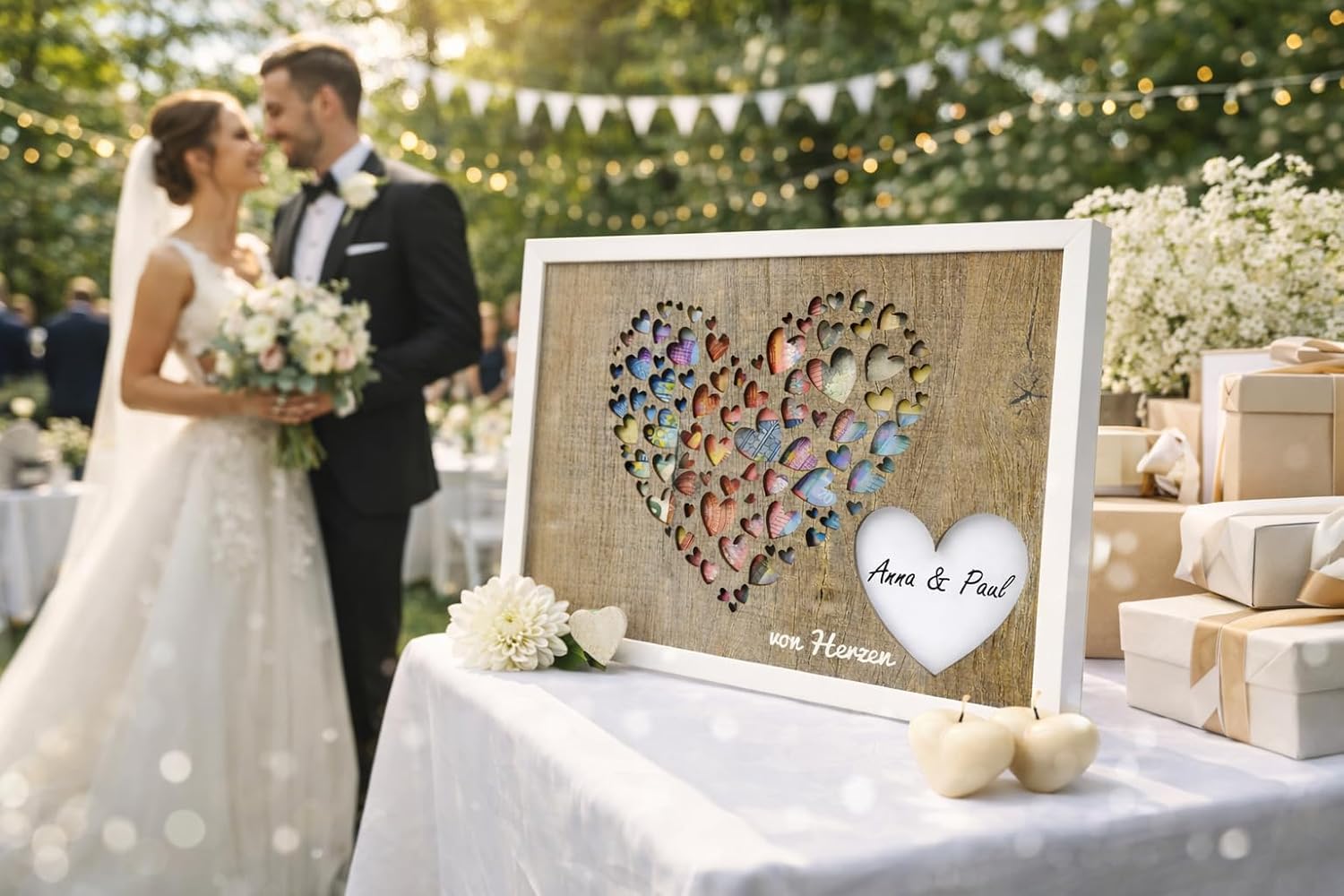 Traumwelten-Zimmermann Wedding Money Gift in Picture Frame with Real Glass, Creative Money Gift Packaging for Bride and Groom, Wooden Heart Motif, Wedding Gift, 18 x 24 cm – Bild 2
