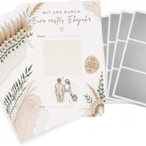 Krause & Sohn Wedding Game "Mit uns durch Euer erstes Ehejahr" 12 Cards with Scratch Stickers - Gift Idea for Wedding, Bride and Groom & Wedding Guests Voucher Set (Beige, Boho)