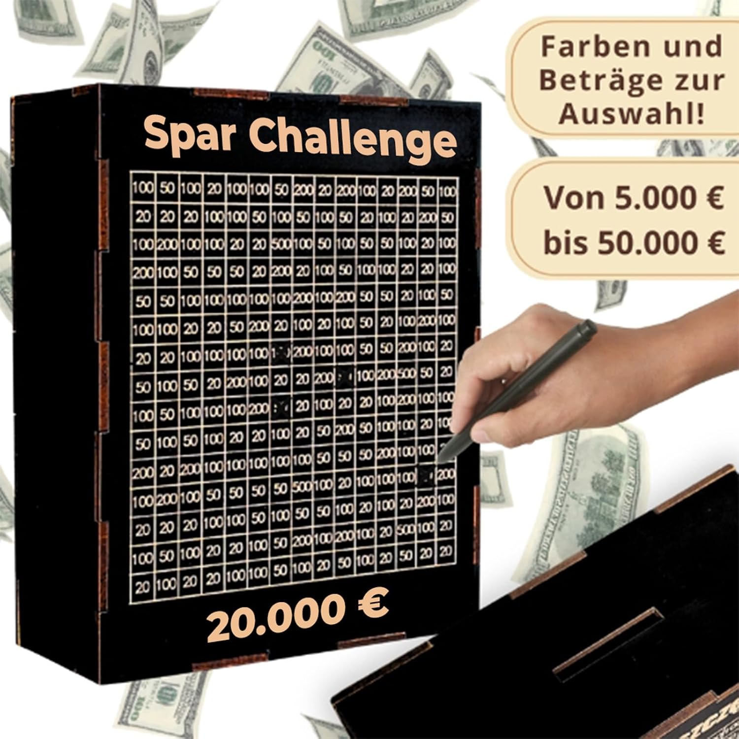 ROANNA Wooden Money Box XL - Saving Challenge with Numbers to Check - Savings Target 5,000-50,000 Euro - Gift for Adults Children (Black, 20,000 €) – Bild 2