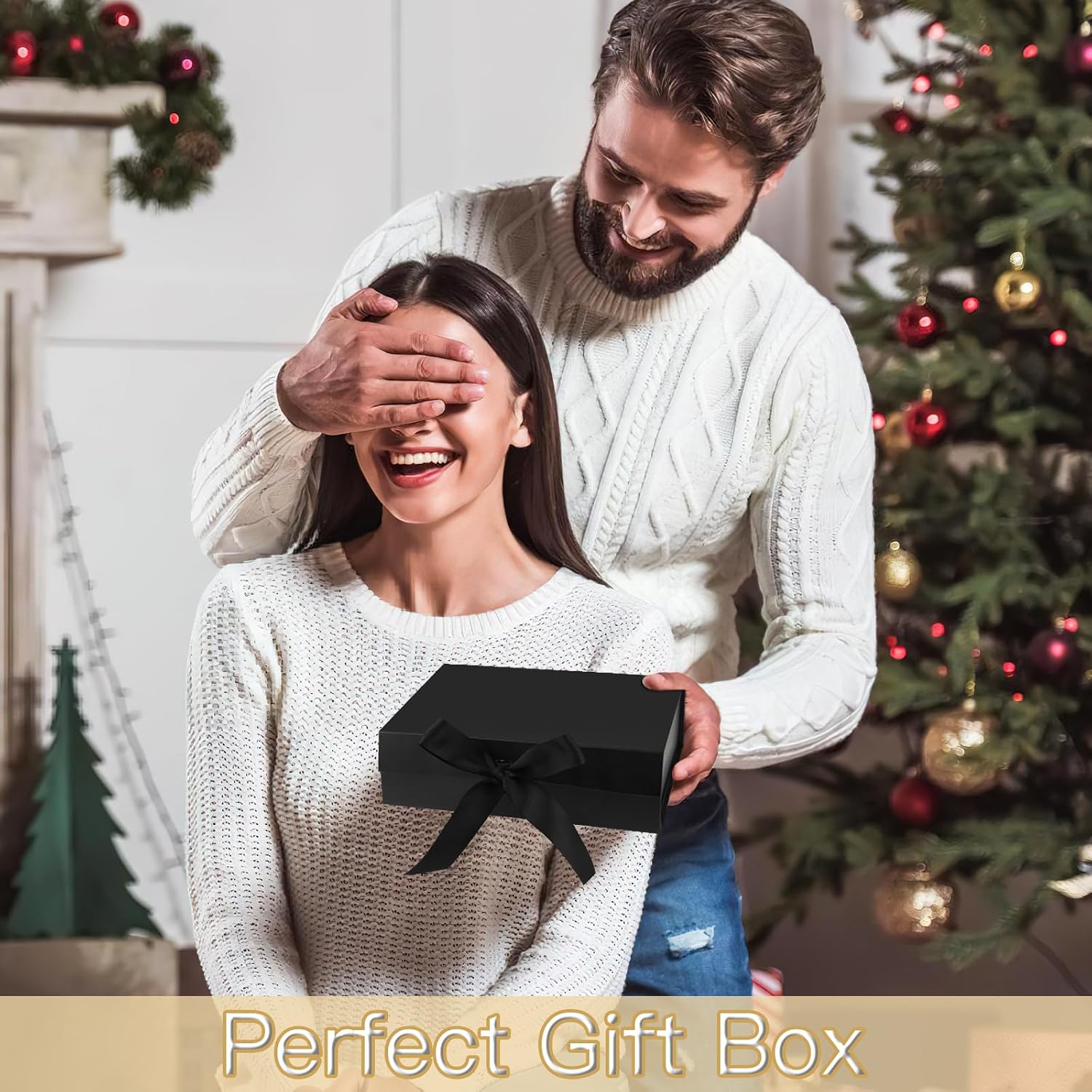 Gift Box with Magnetic Lid, 23 x 17 x 7 cm, Black, Birthday Gift Box with Carry Bag, Greeting Card, Fairy Lights, Raffia, Ribbon, Gift Box for Birthday, Valentine's Day – Bild 7