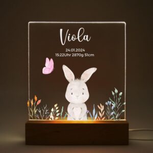 Children's Night Light Personalised Linos Rabbit Flower Meadow - LED Night Light Baby - Nursing Light - Lamp for Nursery - Personalised Birth Gift