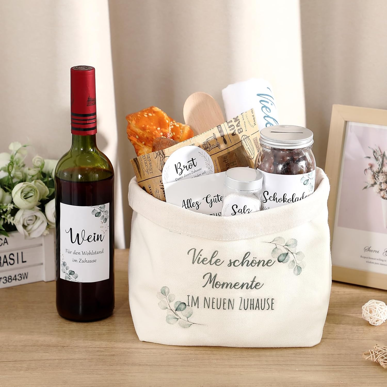 Sinmoe Housewarming Gift House Bread Basket Bread Salt Wine Sticker Tea Towel Cooking Spoon Housewarming Gift for Home Topping Party (Eucalyptus, Many Beautiful Moments in the New Home) – Bild 5