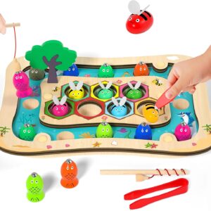 Montessori Toy from 3 Years, 2 in 1 Wooden Magnetic Fishing Game
