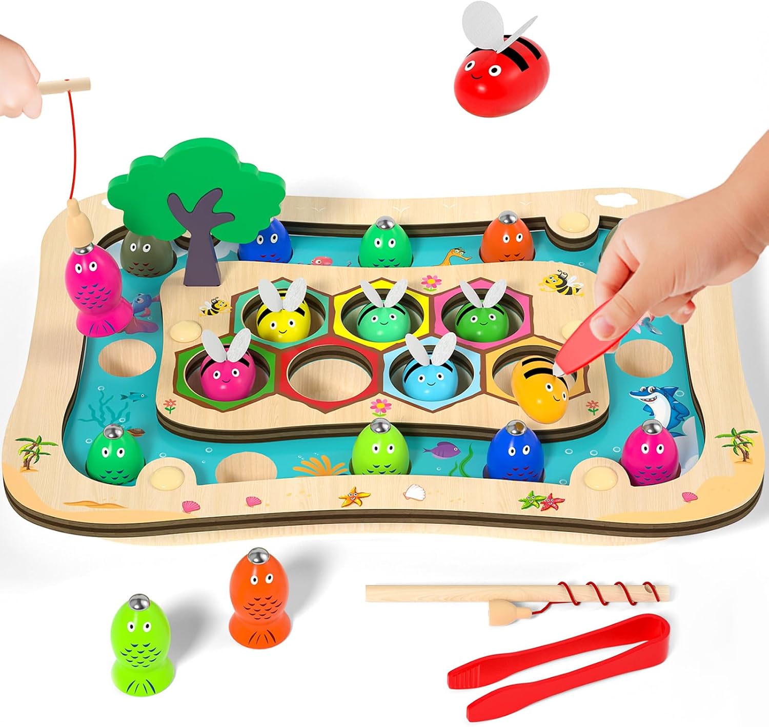 Montessori Toy from 3 Years, 2 in 1 Wooden Magnetic Fishing Game