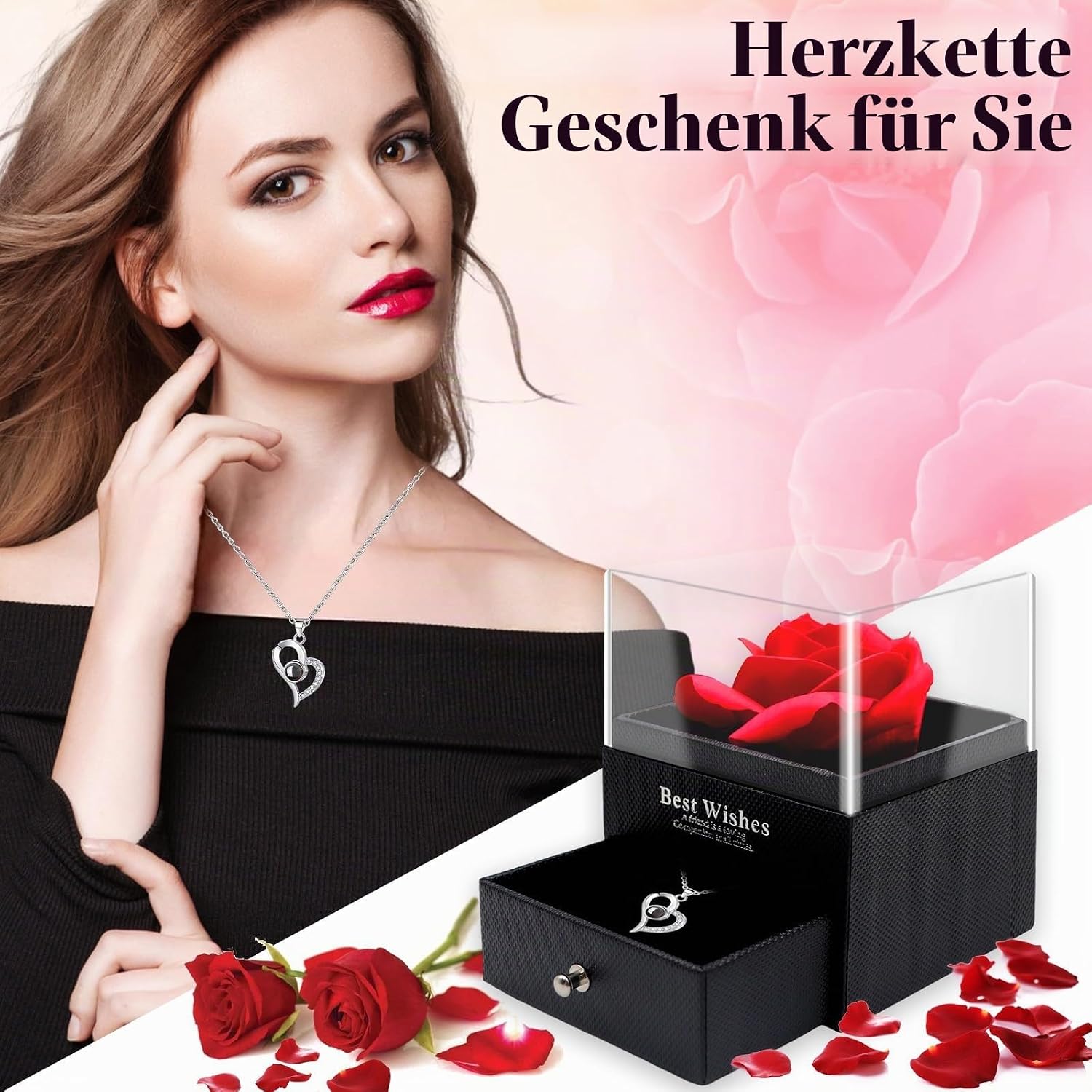 Eternal Rose with Chain, Eternal Rose Box, Valentine's Day Necklace, Heart Chain, Jewellery Gift Box, with I Love You Necklace for Valentine's Day, Mother's Day, Christmas, Wedding, Anniversary, Birthday Gift for Women – Bild 2