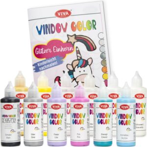 LM-Kreativ Window Colour Set Glitter Unicorn – Dive into a World of Colours with 12 x 80 ml Window Colour Water-Based Paints. Plus Template Book with 35 Unicorn Motifs