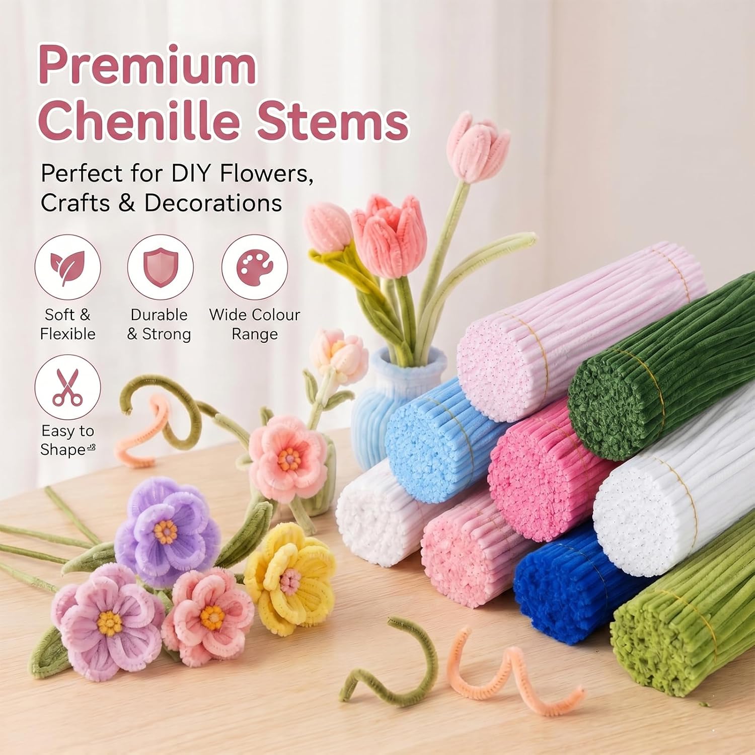 Pipe Cleaner Flower Set, 800 Pieces DIY Flower Craft Set, 8 Colours Pipe Cleaners with Flower Wire & Accessories, Creative Bouquets Crafts – Bild 2