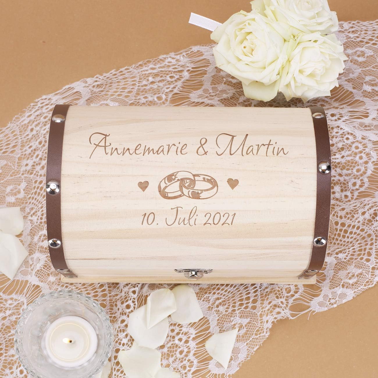 Herz & Heim® Personalised wedding gift, treasure chest with engraving in various sizes, wedding rings, approx. 15 cm x 10.5 cm x 9.5 cm (W x H x D) – Bild 4