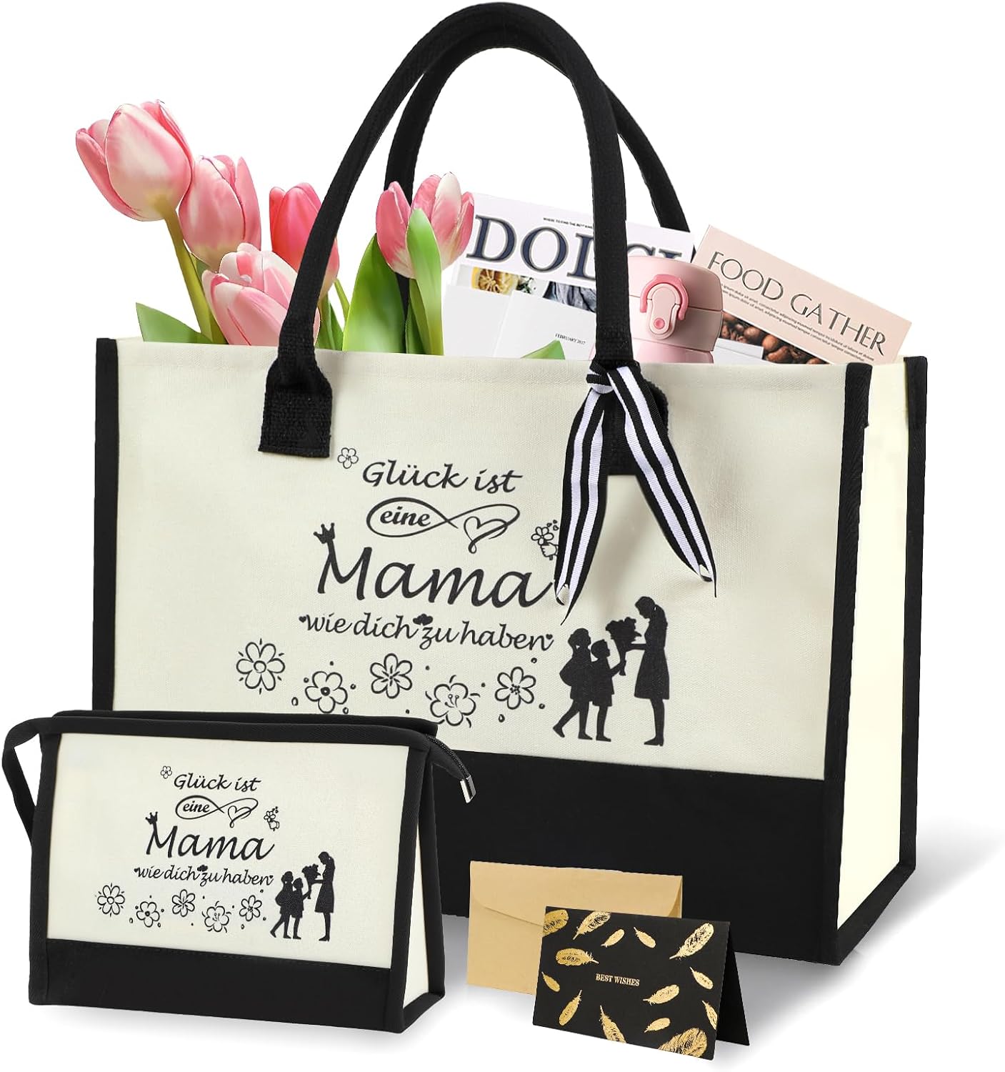 Seutgjie Gifts for Mum, Mother's Day Gift with Greetings Card, Mum Bag, Canvas Shopping Bag, Carry Bag, Cosmetic Bag Set for Birthday, Mother's Day, Christmas