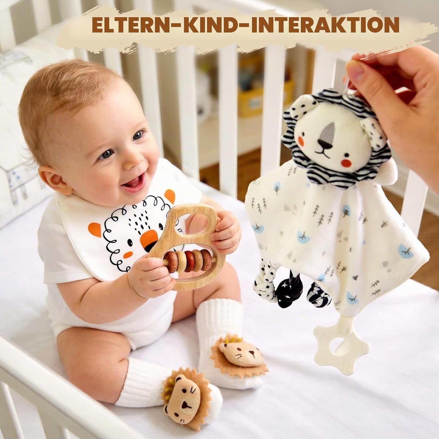 Baby Gift Boy Girl Newborn Gift Birth Boy Girl Baby Gifts with Baby Comforter with Lion Baby Blanket Bib Socks Wooden Rattle Baby Shower Gift Box Baby Shower Party – Bild 3
