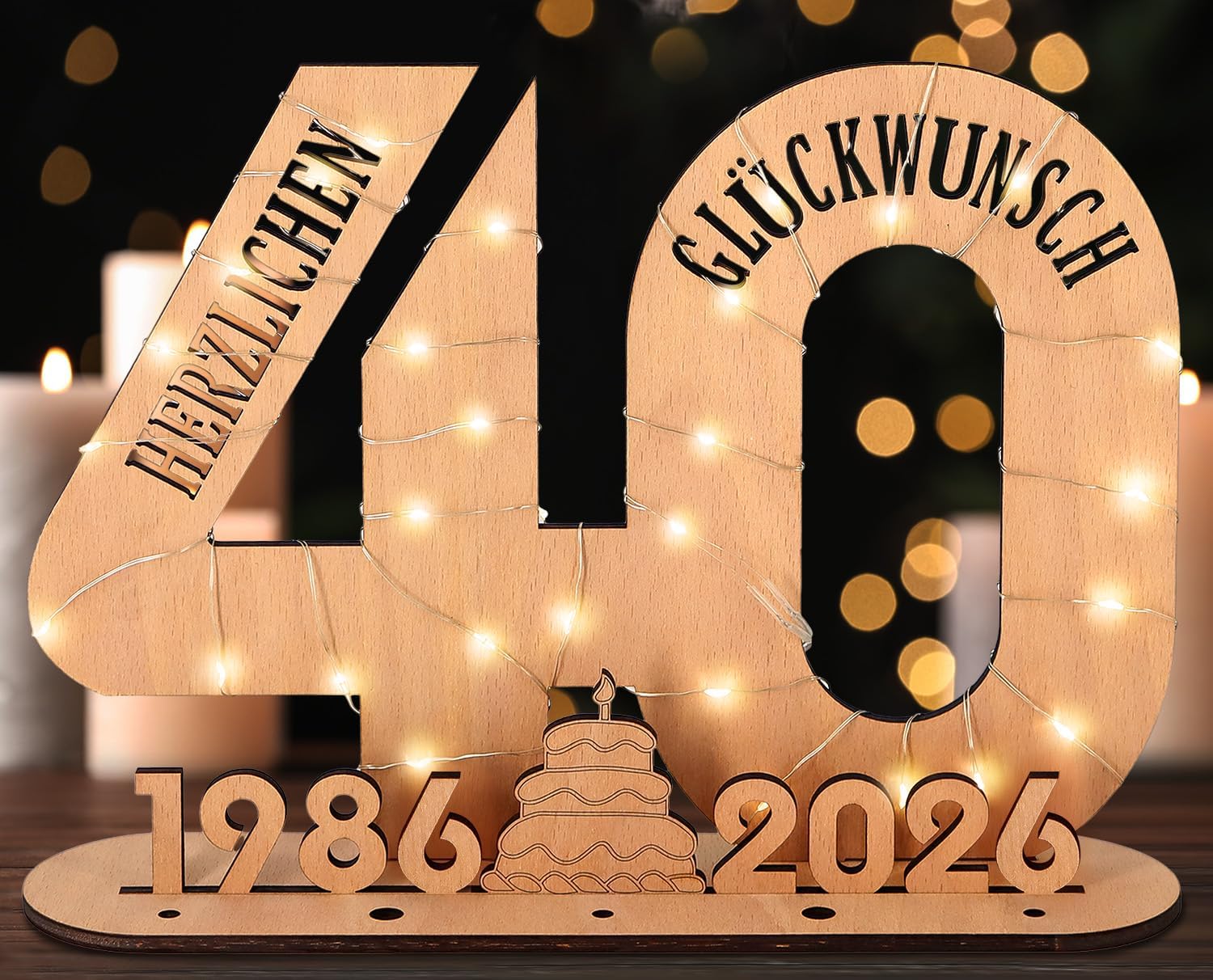 Giftota - 2026 Original 40th Birthday Gift Women & Men - 40th Ruby Wedding - Money Gifts 40 with LED Fairy Lights Stand - Wooden Sign Guest Book - 40th Birthday Decoration - Wedding Gifts