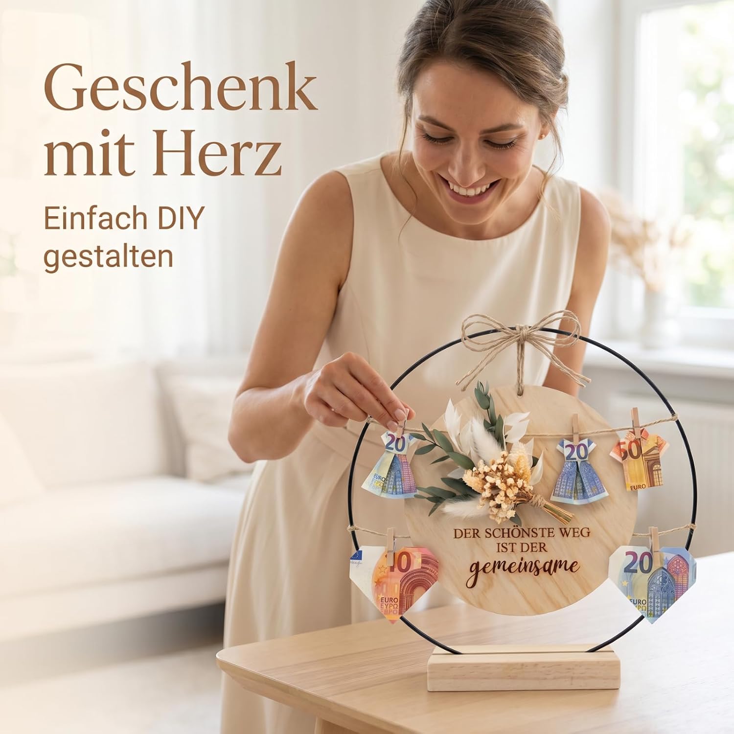 Wedding Money Gift - Creative Money Gifts for Bride and Groom Made of Wood & Metal Ring, Boho Wedding Gift with Eucalyptus and Saying "Der schönste Weg ist der gemeinsame", Money Packaging – Bild 8